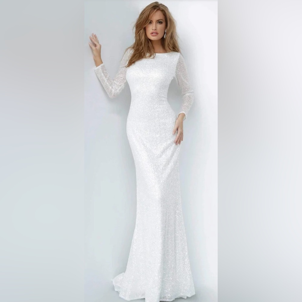 Jovani White Long Sleeve Sequin Gown
